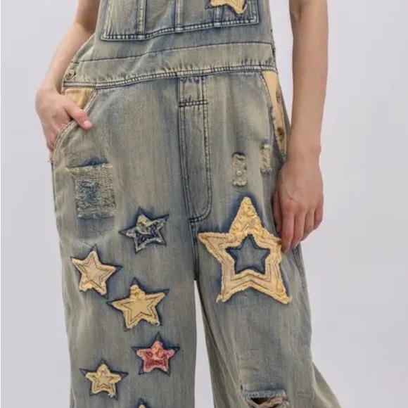 Bluevelvet Pants - Star Embellished Distressed Denim Overalls